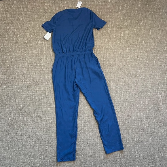 NWT Iris & Ink Silk Jumpsuit Blue Short Sleeve Button Front Coveralls Size 14 - Picture 3 of 9